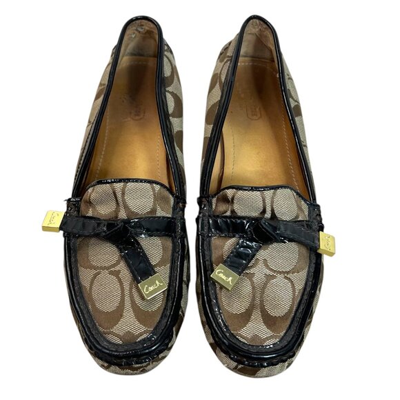 Coach Frida Moccasin Loafers Women's 8.5 Brown Signature C Flats Patent Gold - Picture 1 of 8